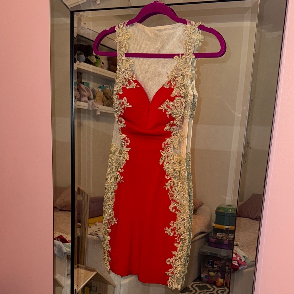 Elegant Red and Cream Lace Dress